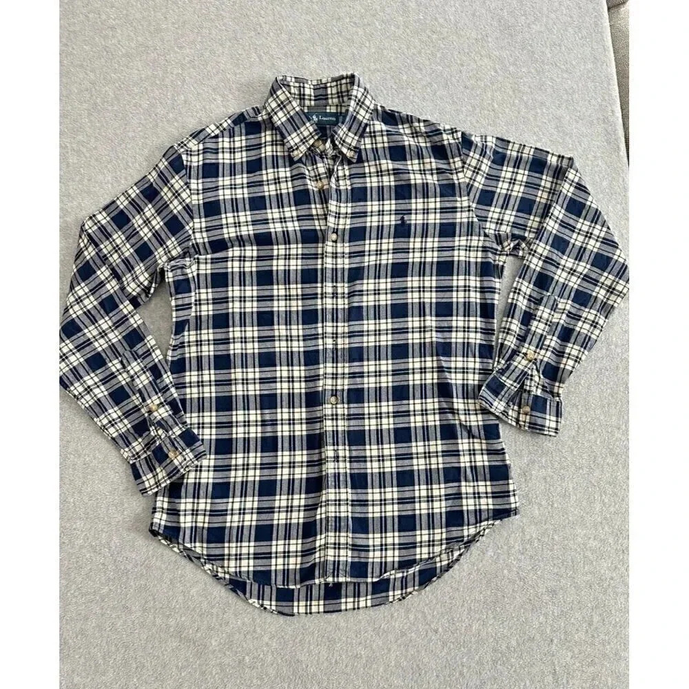 Ralph Lauren Men’s Blue Check Pattern Long Sleeve Size Medium button collar